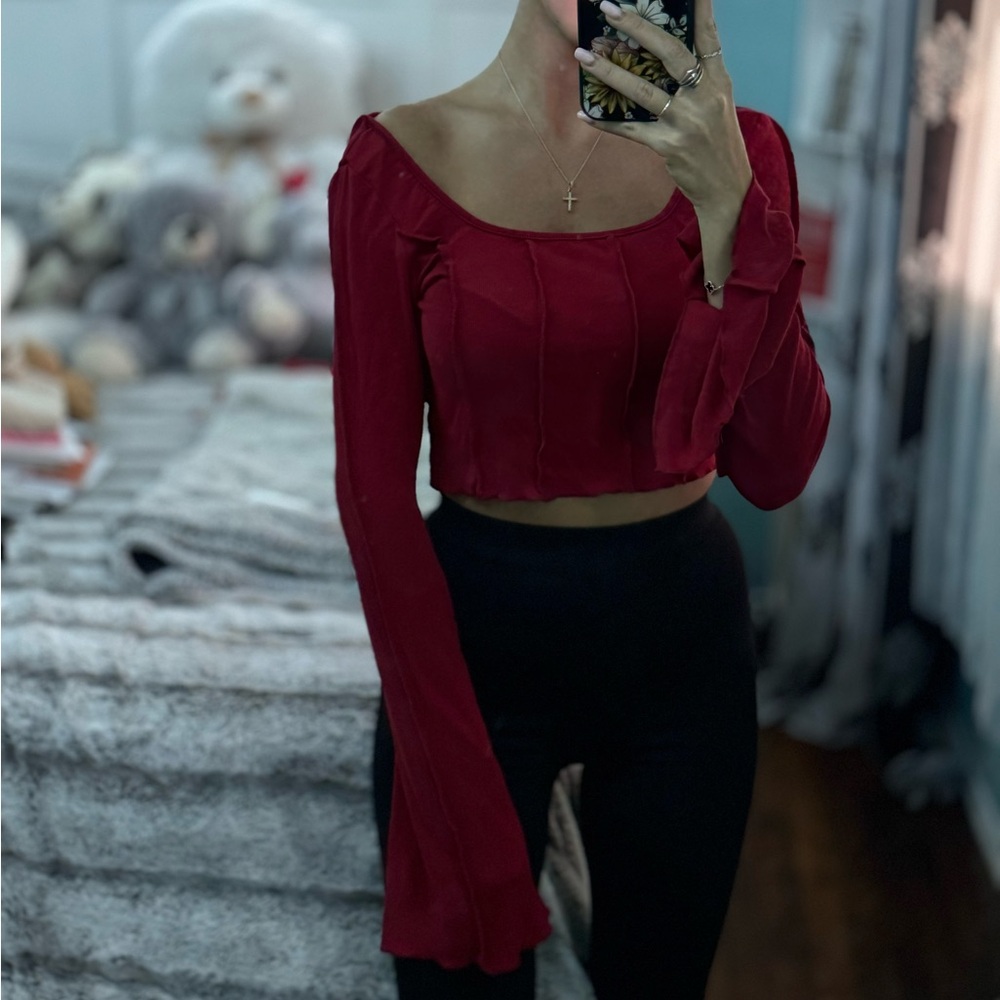 Elegant Red Long-Sleeve Crop Top